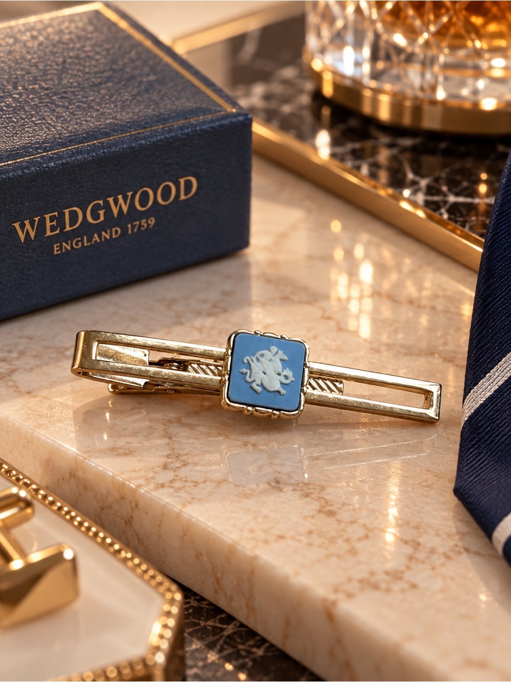 Vintage Wedgwood Blue Jasperware Cameo Tie Clip Made in England